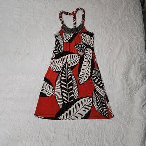 IN Studios Halter Orange with Brown & White Leaves Hawaiian  Midi Dress Size S